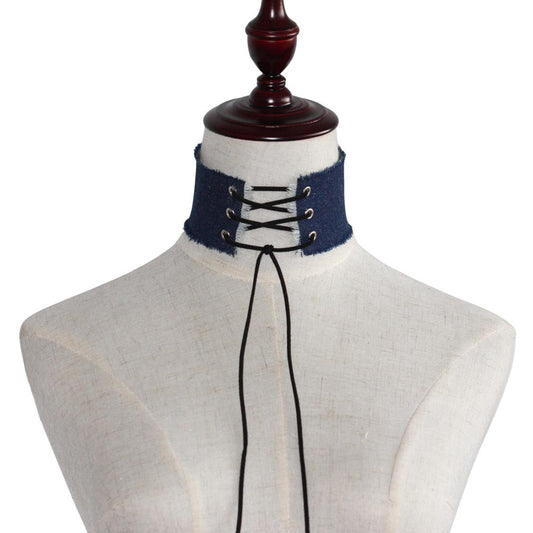 Gothic Punk Rivet Spike Choker - 牛仔布/深蓝色 | Punk Lovers