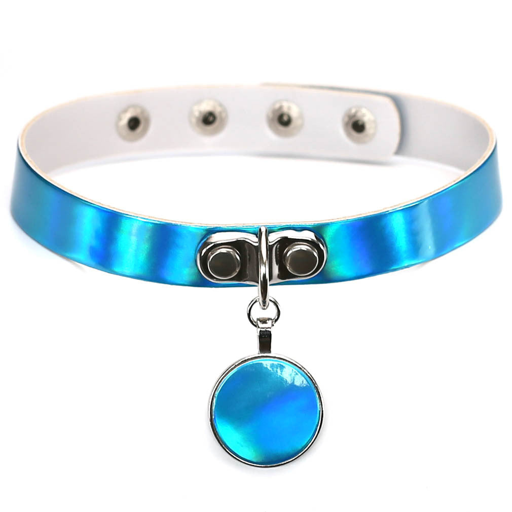 Iridescent Circle Pendant Choker - Iridescent Blue - Punk Lovers
