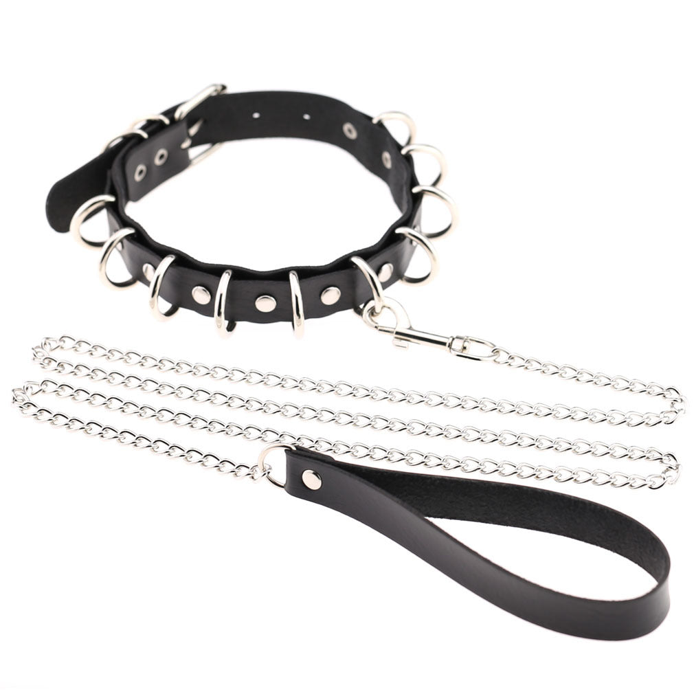 D-Ring Chain Leather Choker - Black - Punk Lovers
