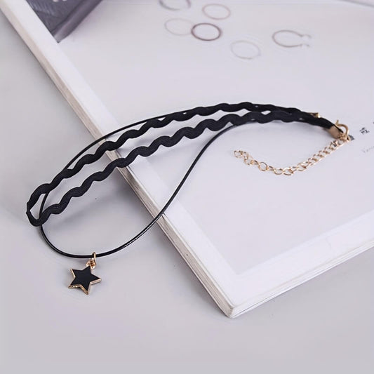 Vintage Gothic Star Pendant Necklace with Black Chain