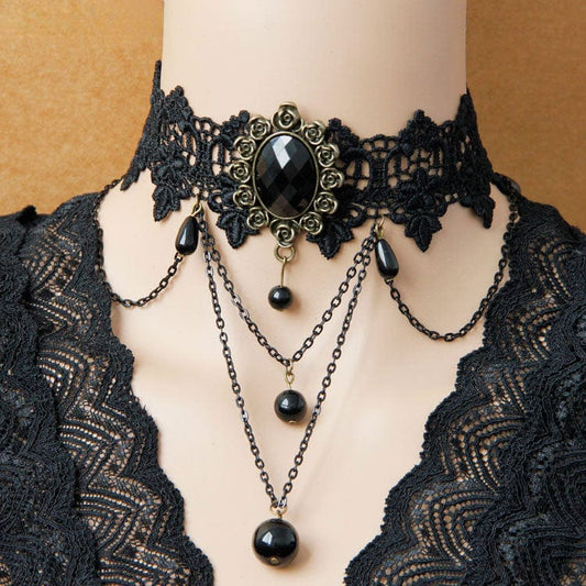 Women's Gothic Bead Lace Choker with Chain - Punk Lovers