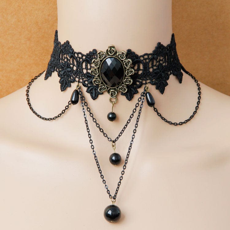 Women's Gothic Bead Lace Choker with Chain - Punk Lovers