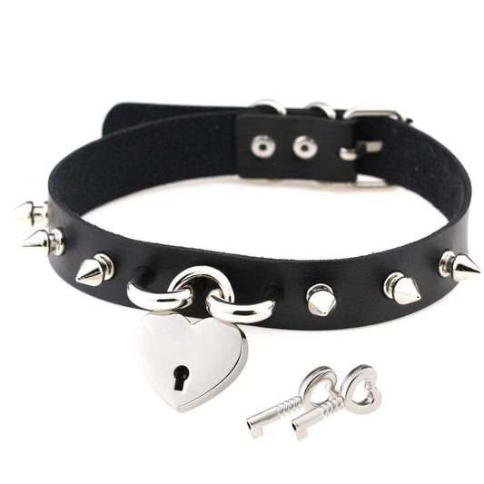 Women's Punk Rivet Heart Choker Necklace With Key - Punk Lovers