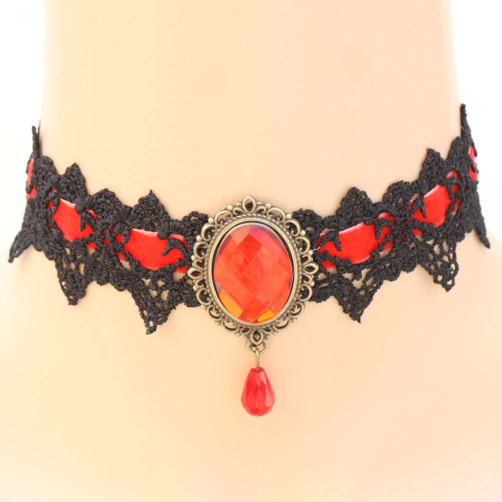 Vintage Lace Gemstone Choker - Red - Punk Lovers