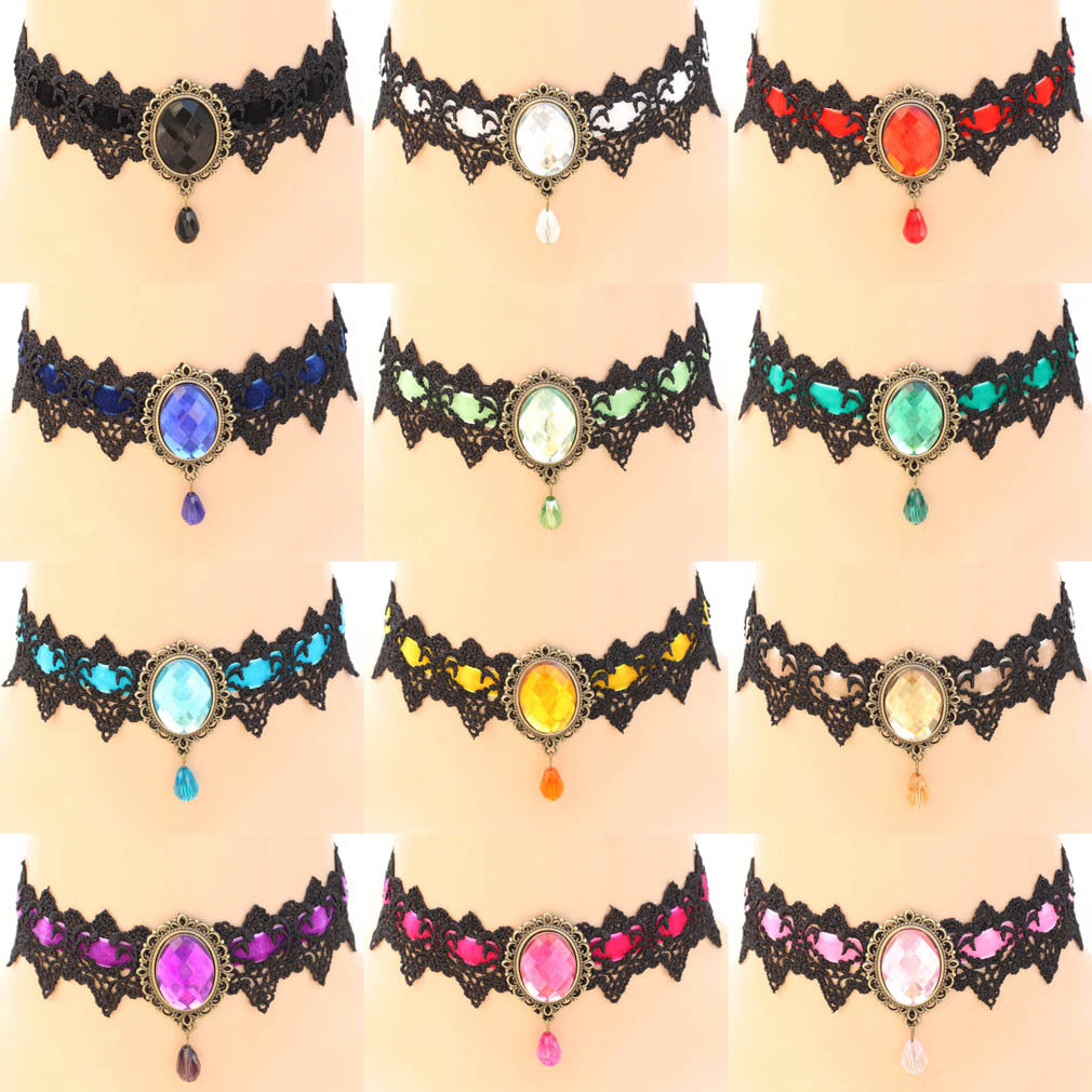 Vintage Lace Gemstone Choker - Punk Lovers Gothic Jewelry