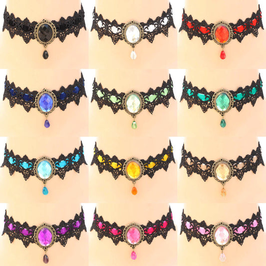 Vintage Lace Gemstone Choker - Punk Lovers Gothic Jewelry
