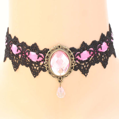 Vintage Lace Gemstone Choker - Pink - Punk Lovers