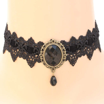 Vintage Lace Gemstone Choker - Black - Punk Lovers
