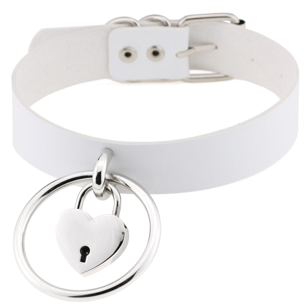 Punk Big Ring Heart Lock Choker - White - Punk Lovers