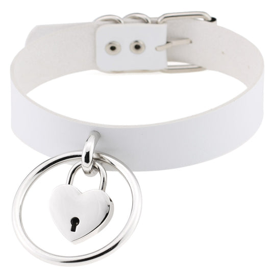 Punk Big Ring Heart Lock Choker - White - Punk Lovers