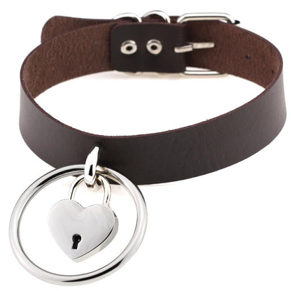 Punk Big Ring Heart Lock Choker - Deep Coffee - Punk Lovers