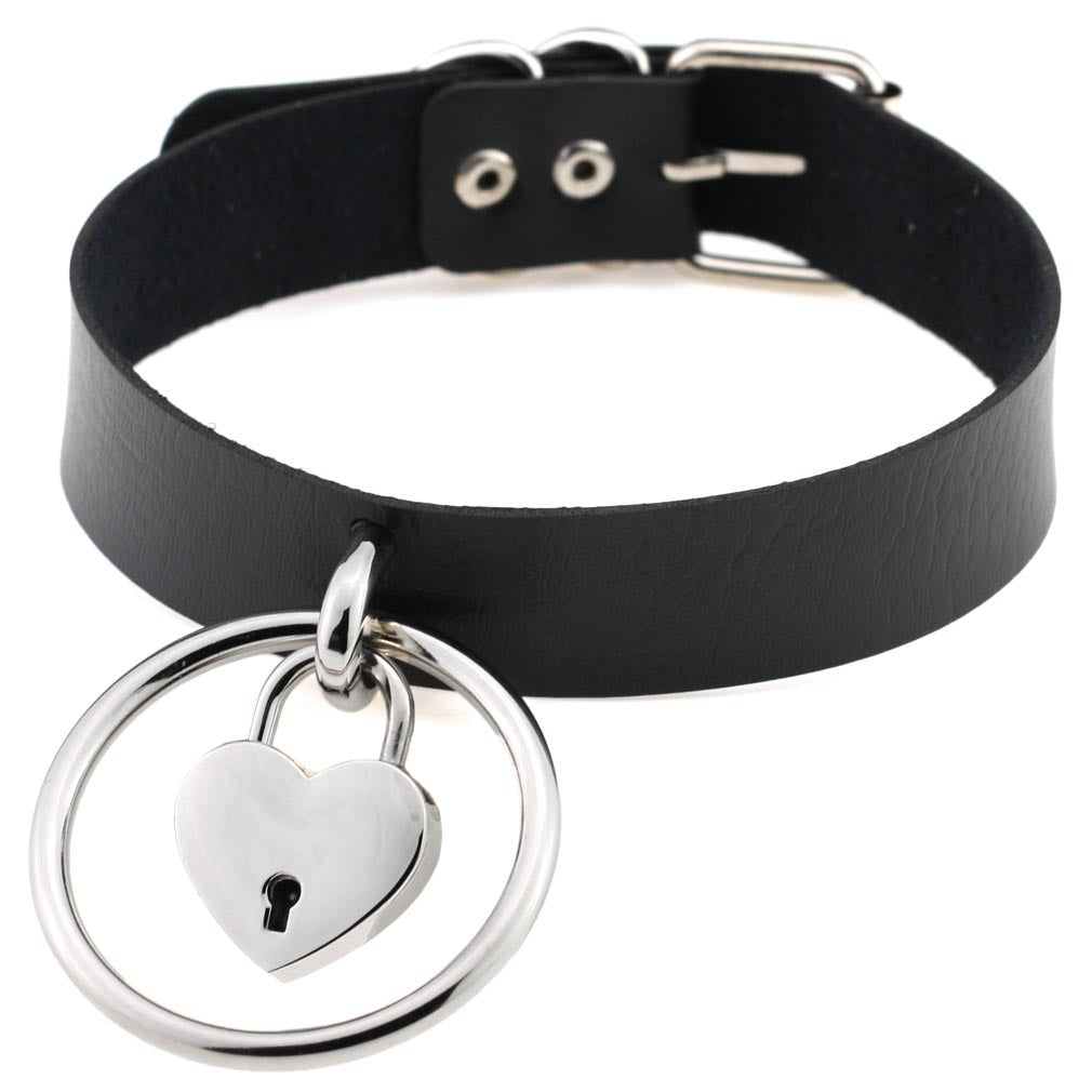 Punk Big Ring Heart Lock Choker - Black - Punk Lovers