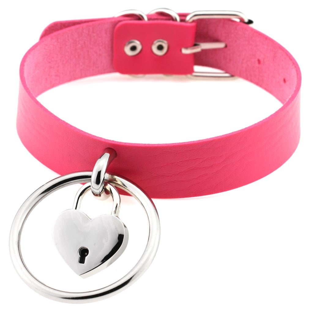 Punk Big Ring Heart Lock Choker - Rose - Punk Lovers