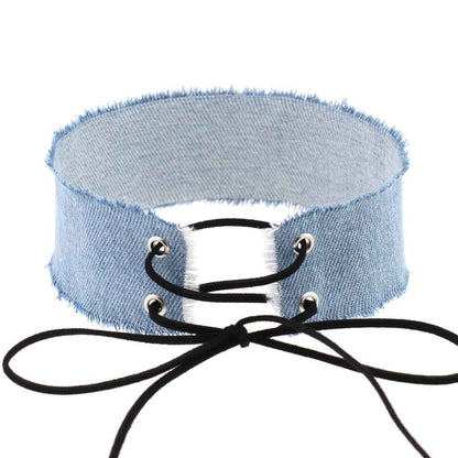 Denim Frayed Edge Choker - Denim Light Blue - Punk Lovers