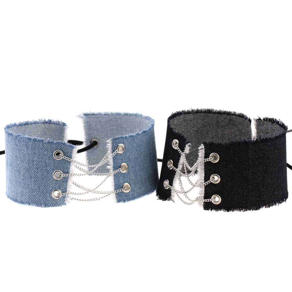 Punk Gothic Leather Choker Necklace - 牛仔布/金色链条/深蓝色 | Punk Lovers