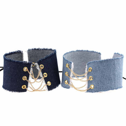 Punk Gothic Leather Choker Necklace - 牛仔布/银色链条/黑色 | Punk Lovers