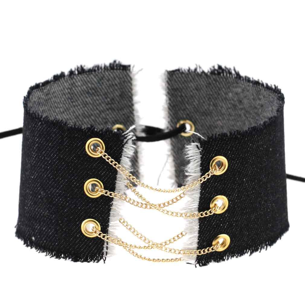 Punk Gothic Leather Choker Necklace - 牛仔布/银色链条/蓝色 | Punk Lovers