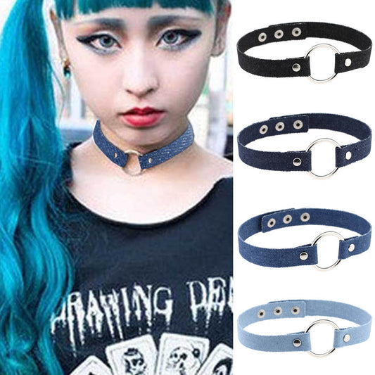 Denim O-Ring Choker Necklace - Punk Lovers Gothic Jewelry