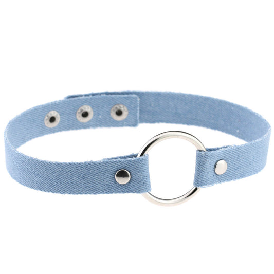 Denim O-Ring Choker Necklace - 牛仔布/浅蓝色 - Punk Lovers
