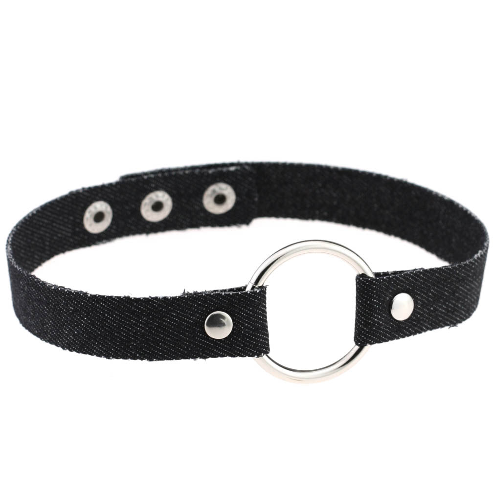 Denim O-Ring Choker Necklace - 牛仔布/黑色 - Punk Lovers