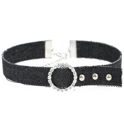 Denim Rhinestone Choker Necklace - Denim Black - Punk Lovers