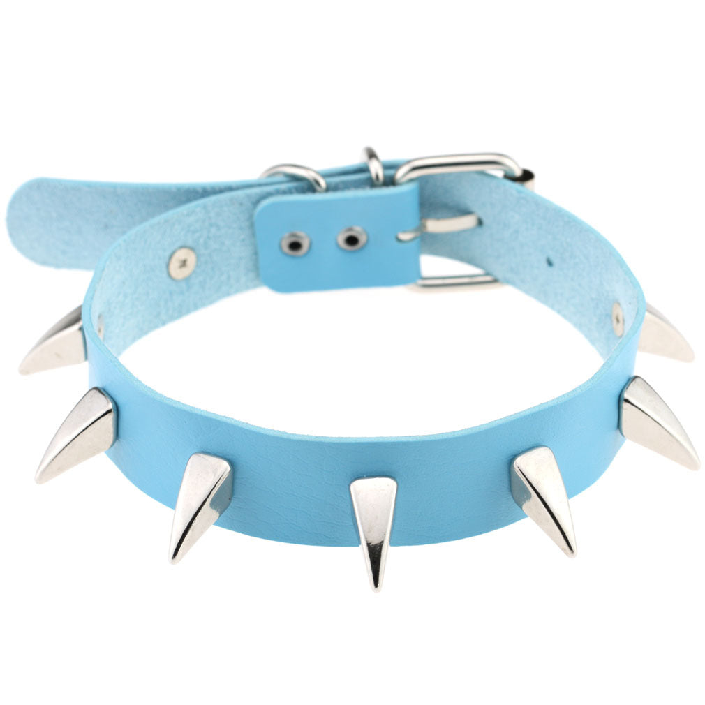 Punk Rivet Spike Leather Choker - Light Blue - Punk Lovers