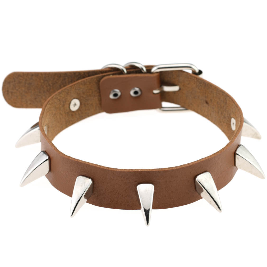 Punk Rivet Spike Leather Choker - Light Coffee - Punk Lovers