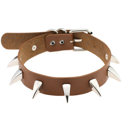 Punk Rivet Spike Leather Choker - Light Coffee - Punk Lovers
