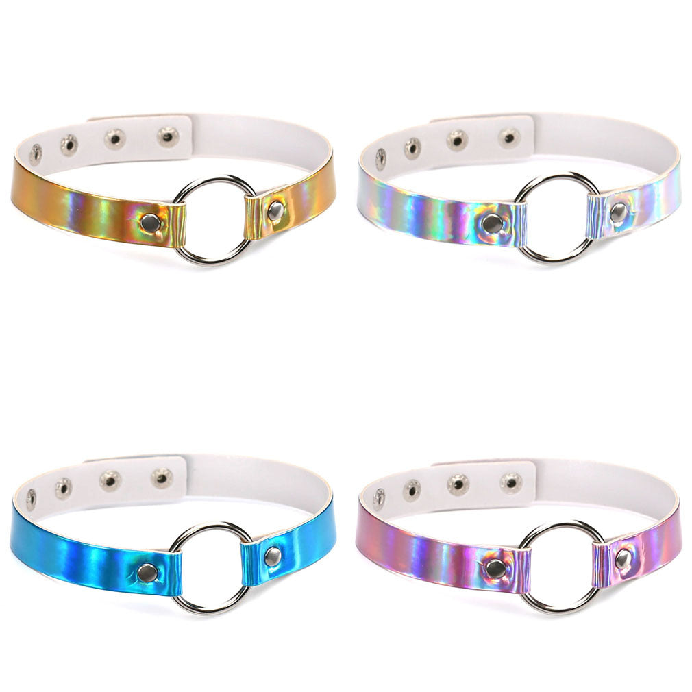 Iridescent Ring Leather Choker - Punk Lovers Gothic Jewelry