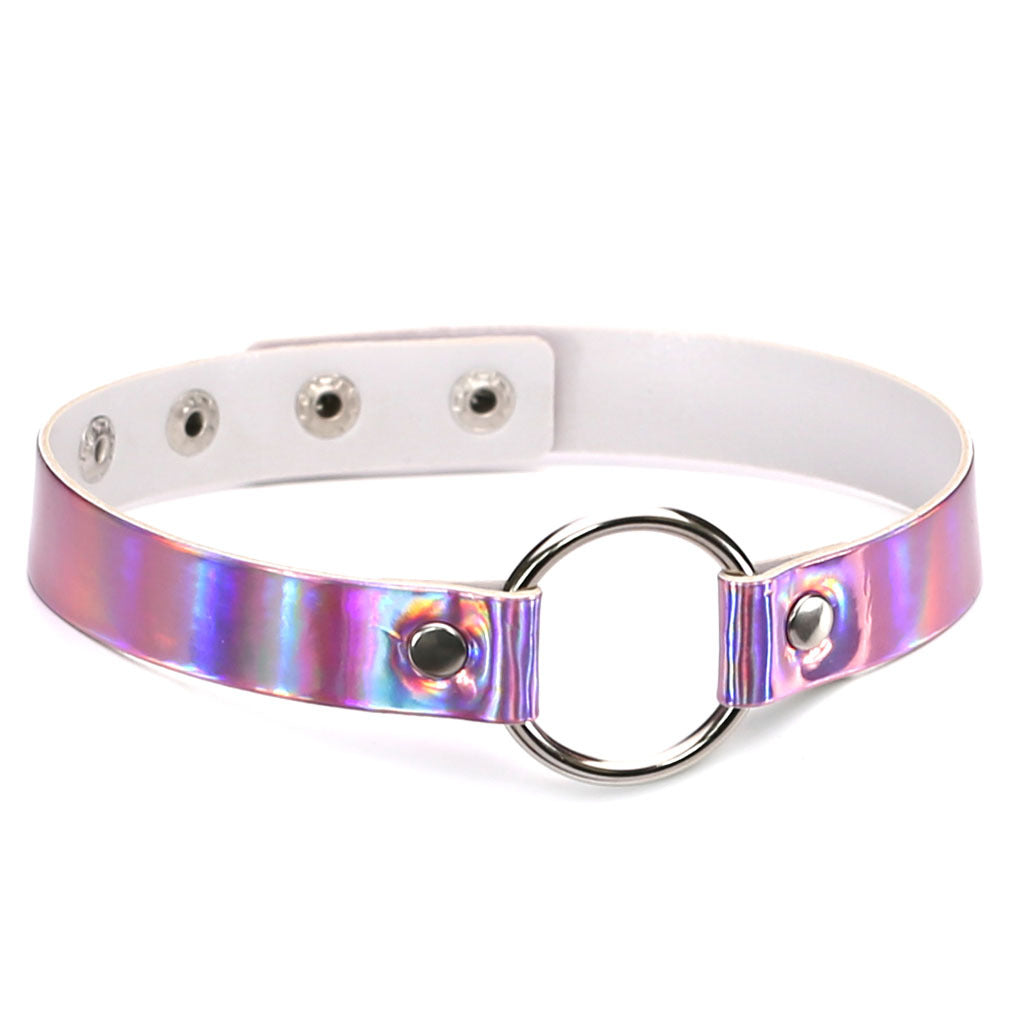 Iridescent Ring Leather Choker - 四扣-粉彩 - Punk Lovers