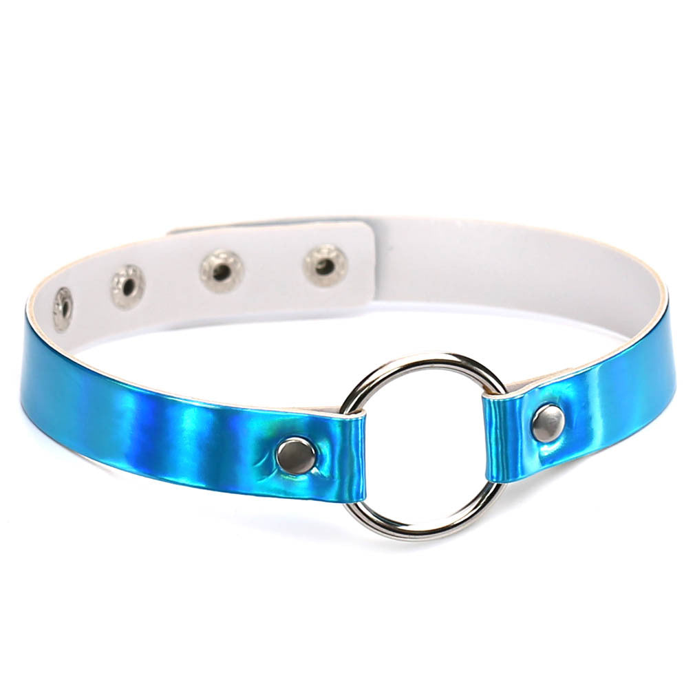 Iridescent Ring Leather Choker - 四扣-蓝彩 - Punk Lovers