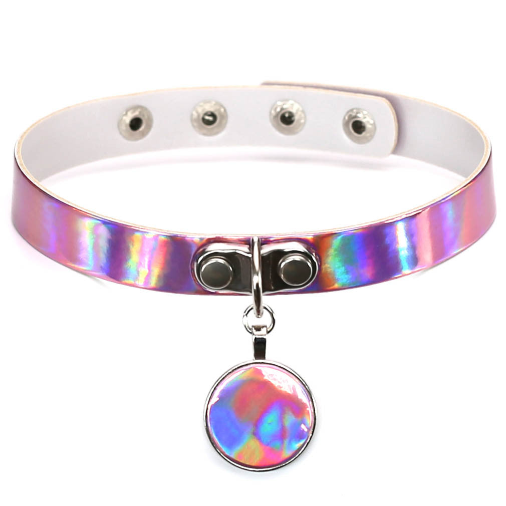 Iridescent Circle Pendant Choker - Iridescent Pink - Punk Lovers