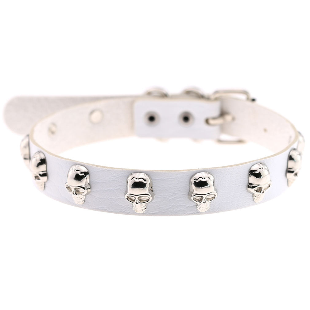 Skull Leather Choker Necklace - White - Punk Lovers