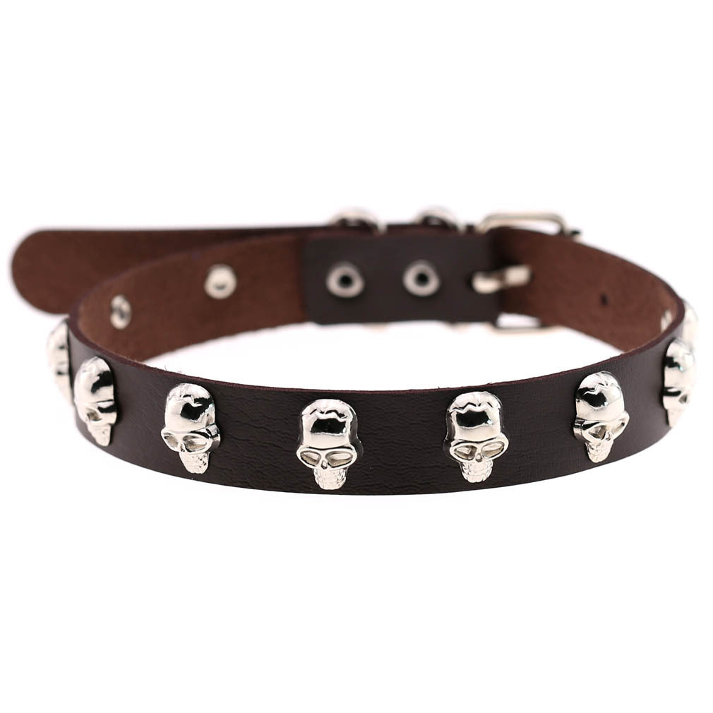 Skull Leather Choker Necklace - Deep Coffee - Punk Lovers