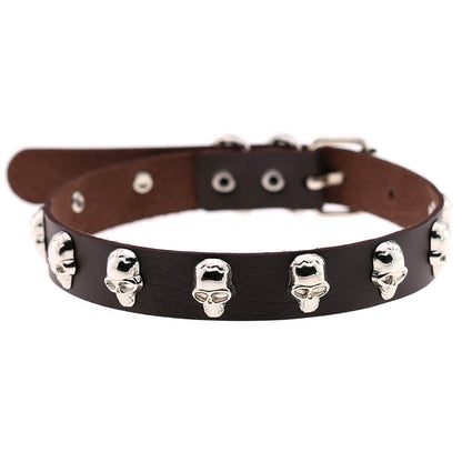 Skull Leather Choker Necklace - Deep Coffee - Punk Lovers
