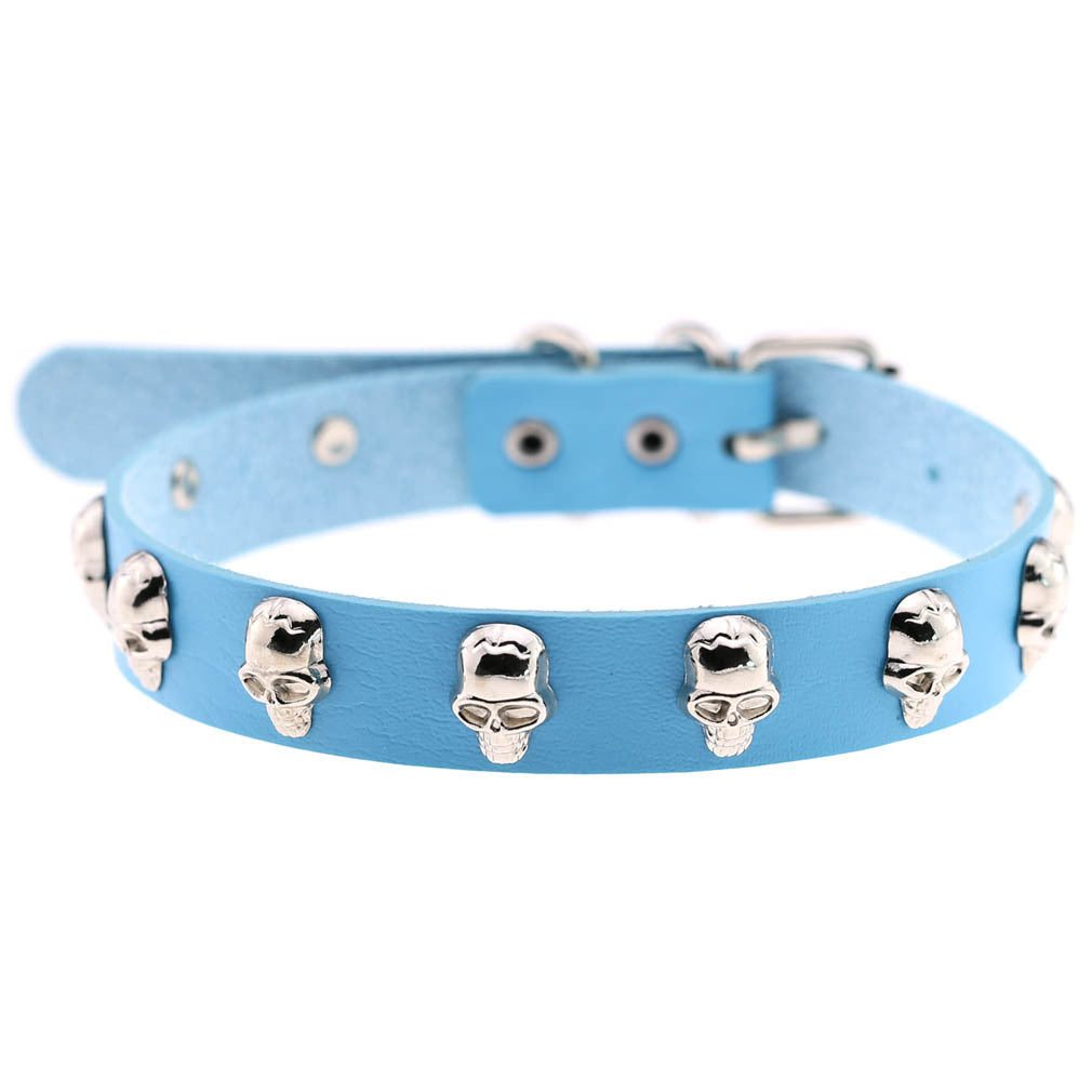 Skull Leather Choker Necklace - Light Blue - Punk Lovers