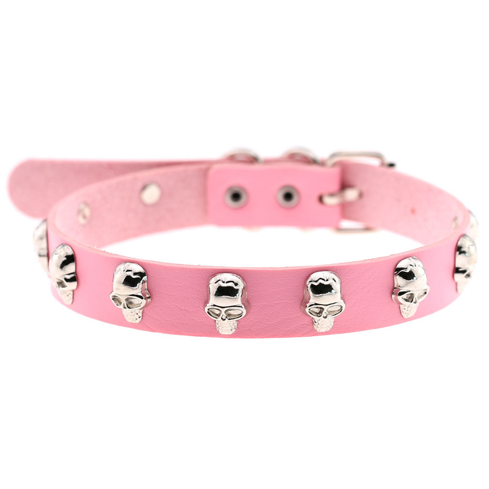 Skull Leather Choker Necklace - Pink - Punk Lovers