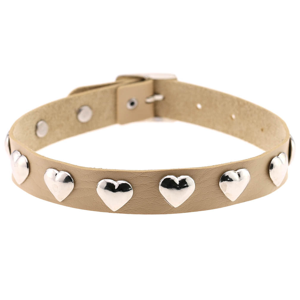 Punk Heart Rivet Leather Choker - Beige - Punk Lovers