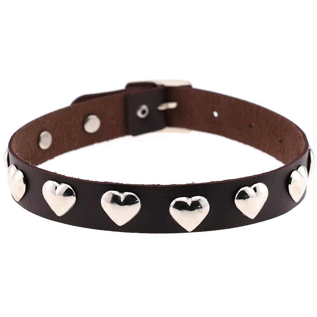 Punk Heart Rivet Leather Choker - Deep Brown - Punk Lovers