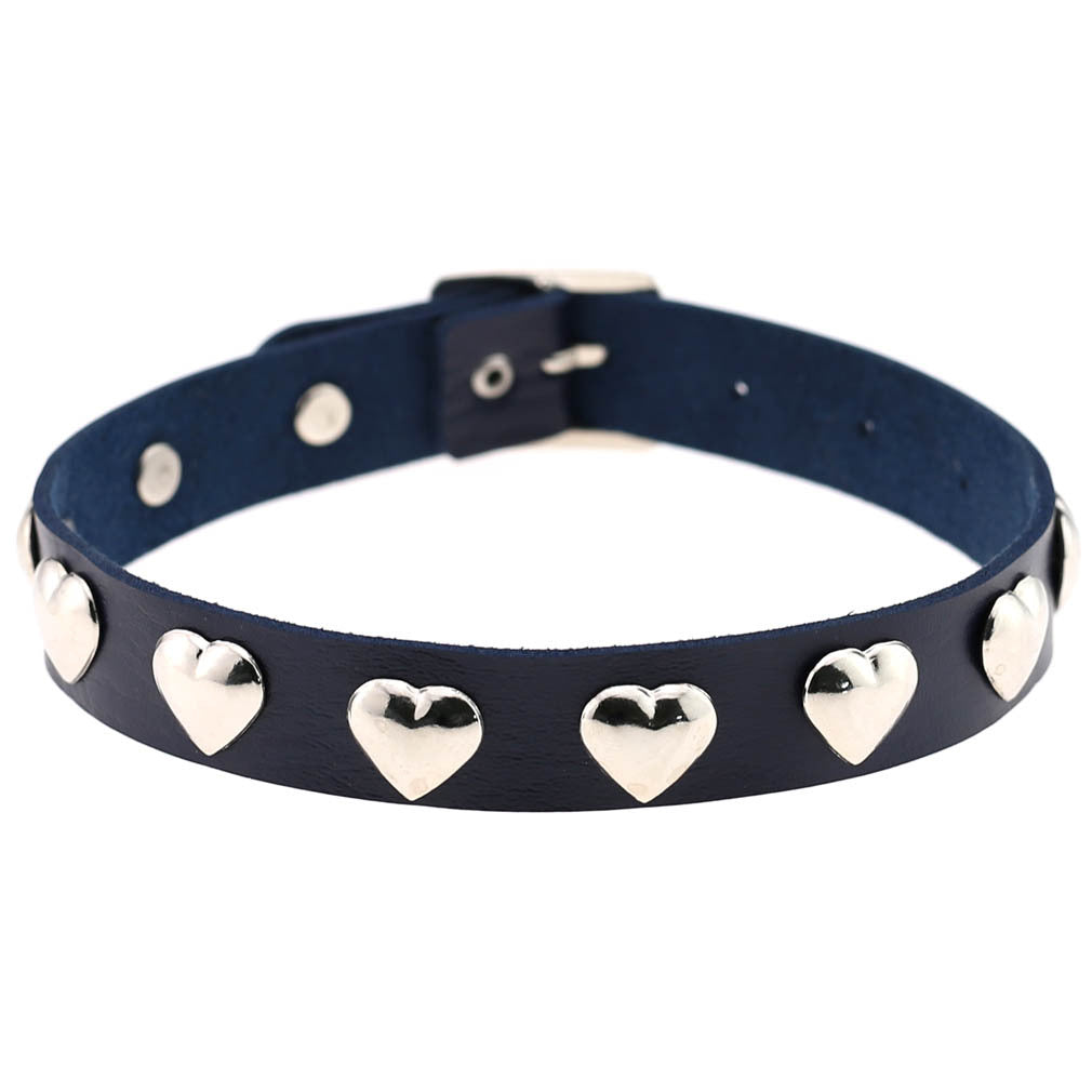 Punk Heart Rivet Leather Choker - Deep Blue - Punk Lovers