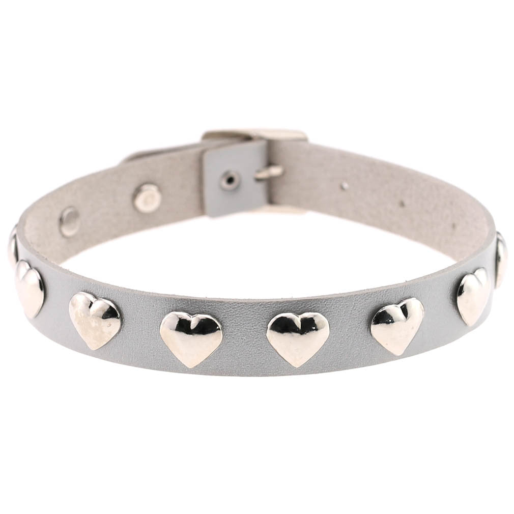 Punk Heart Rivet Leather Choker - Silver - Punk Lovers