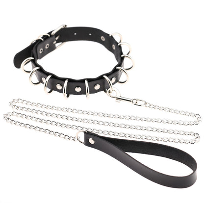 D-Ring Chain Leather Choker - Black - Punk Lovers