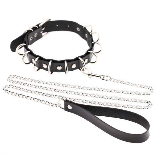 D-Ring Chain Leather Choker - Black - Punk Lovers
