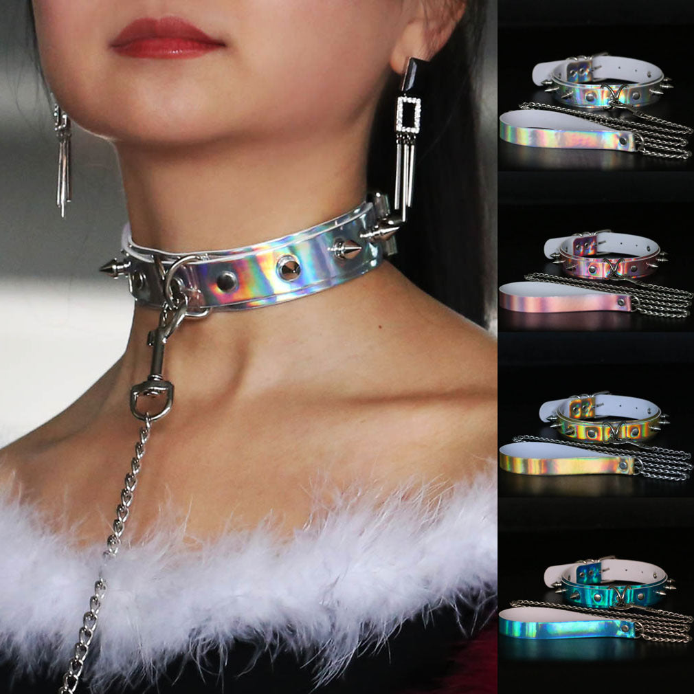 Iridescent Rivet Leather Choker - Punk Lovers Gothic Jewelry