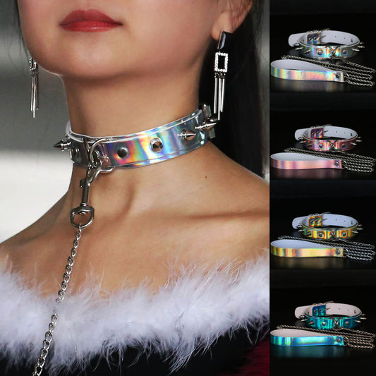 Iridescent Rivet Leather Choker - Punk Lovers Gothic Jewelry