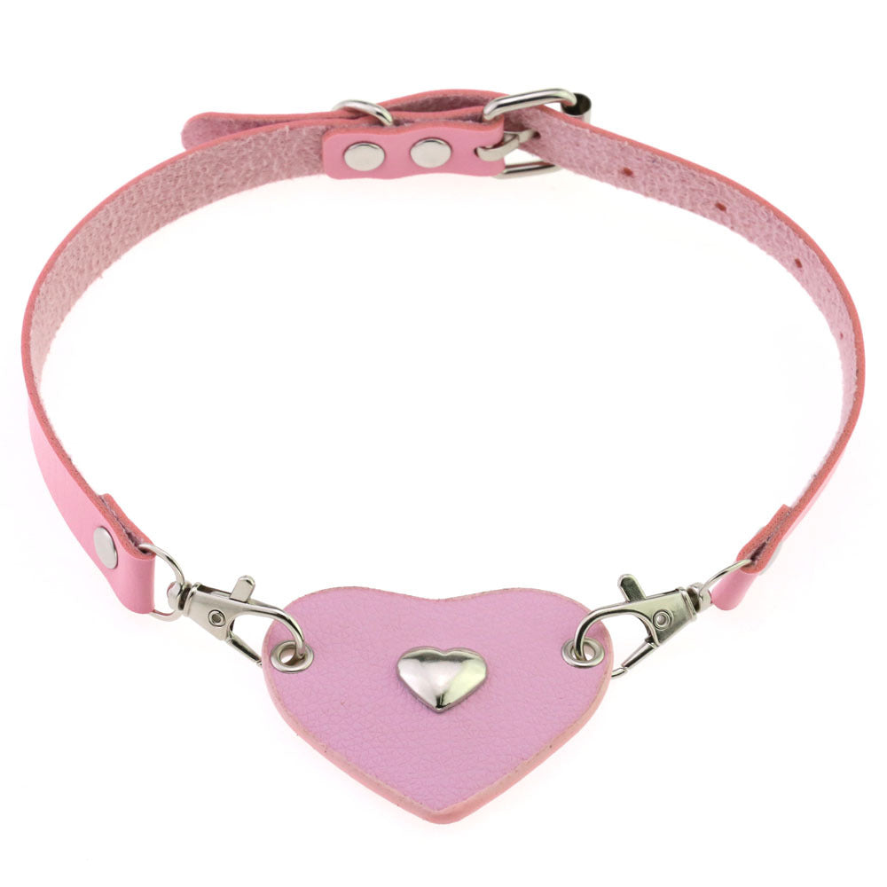 Punk Lovers Heart Pendant Leather Necklace Choker in Pink