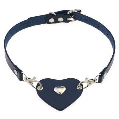 Punk Lovers Heart Pendant Leather Necklace Choker in Blue