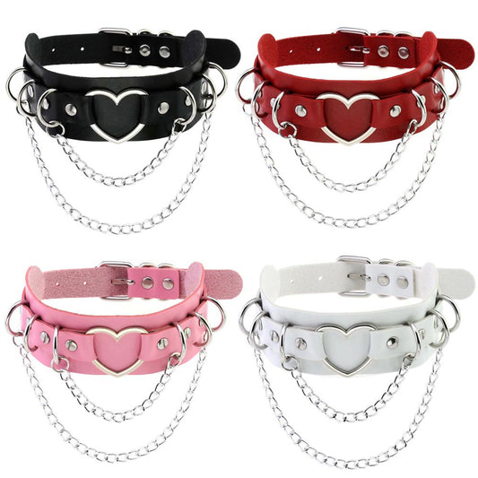 Punk Lovers Punk Double Layer Heart PU Necklace Chain Choker in White