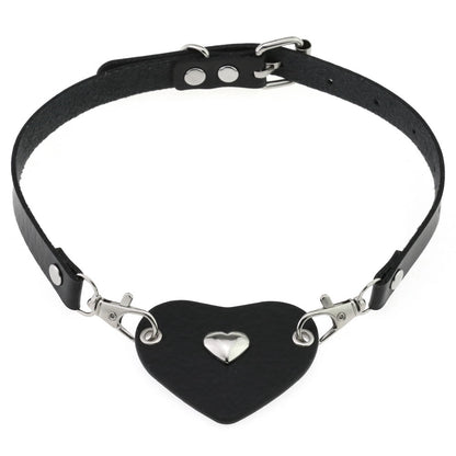 Punk Lovers Heart Pendant Leather Necklace Choker in Black