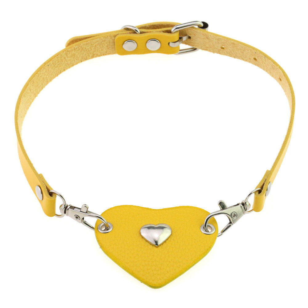 Punk Lovers Heart Pendant Leather Necklace Choker in Yellow
